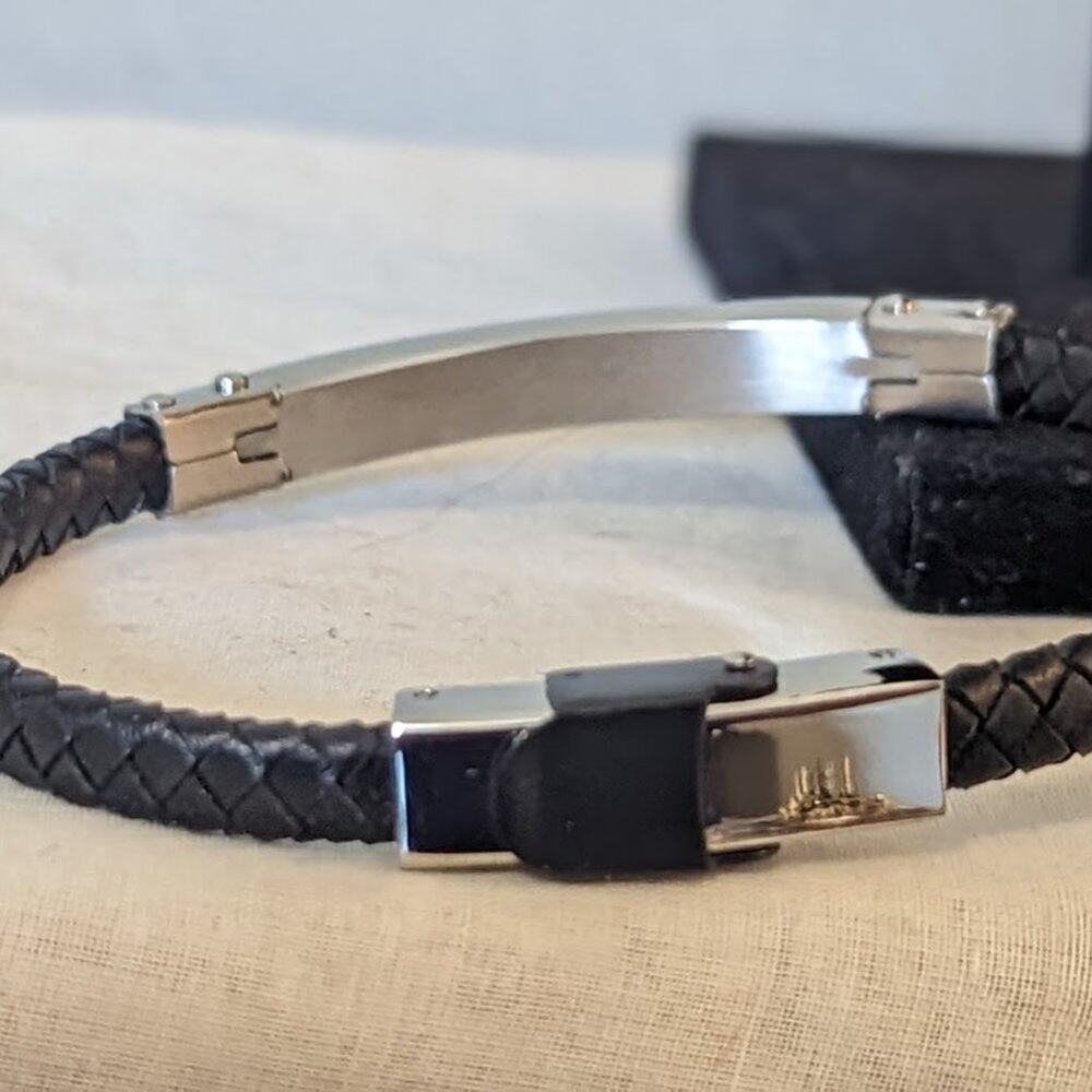 Men's Stainless Steel 6mm Black Leather Bracelet 8 1/2" - Picture 4 of 4